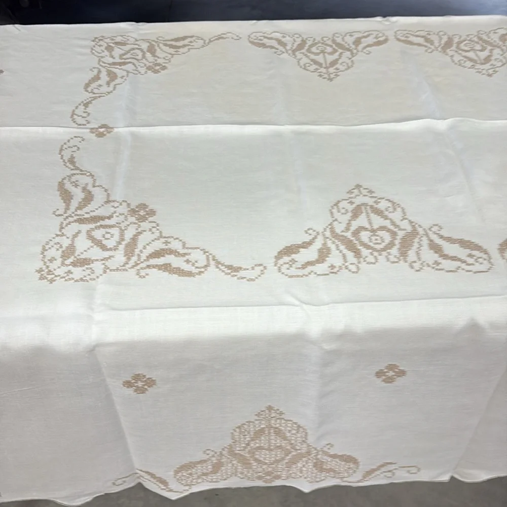 Vintage Embordered Cream and Brown Table Cloth